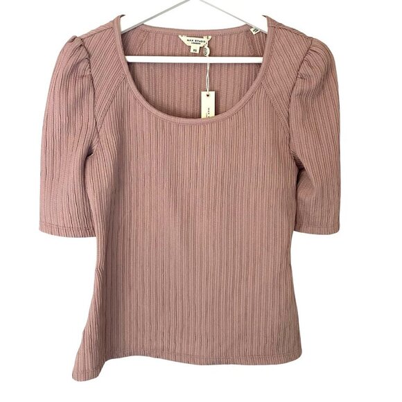 Max Studio‎ Puff Sleeve Scoop Neck Ribbed Top Sz XS Classic Wardrobe Staple NWT - Picture 1 of 9